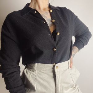 JAEGAR UK Wool Gold Rose Button Collared Black Sweater Womens Medium